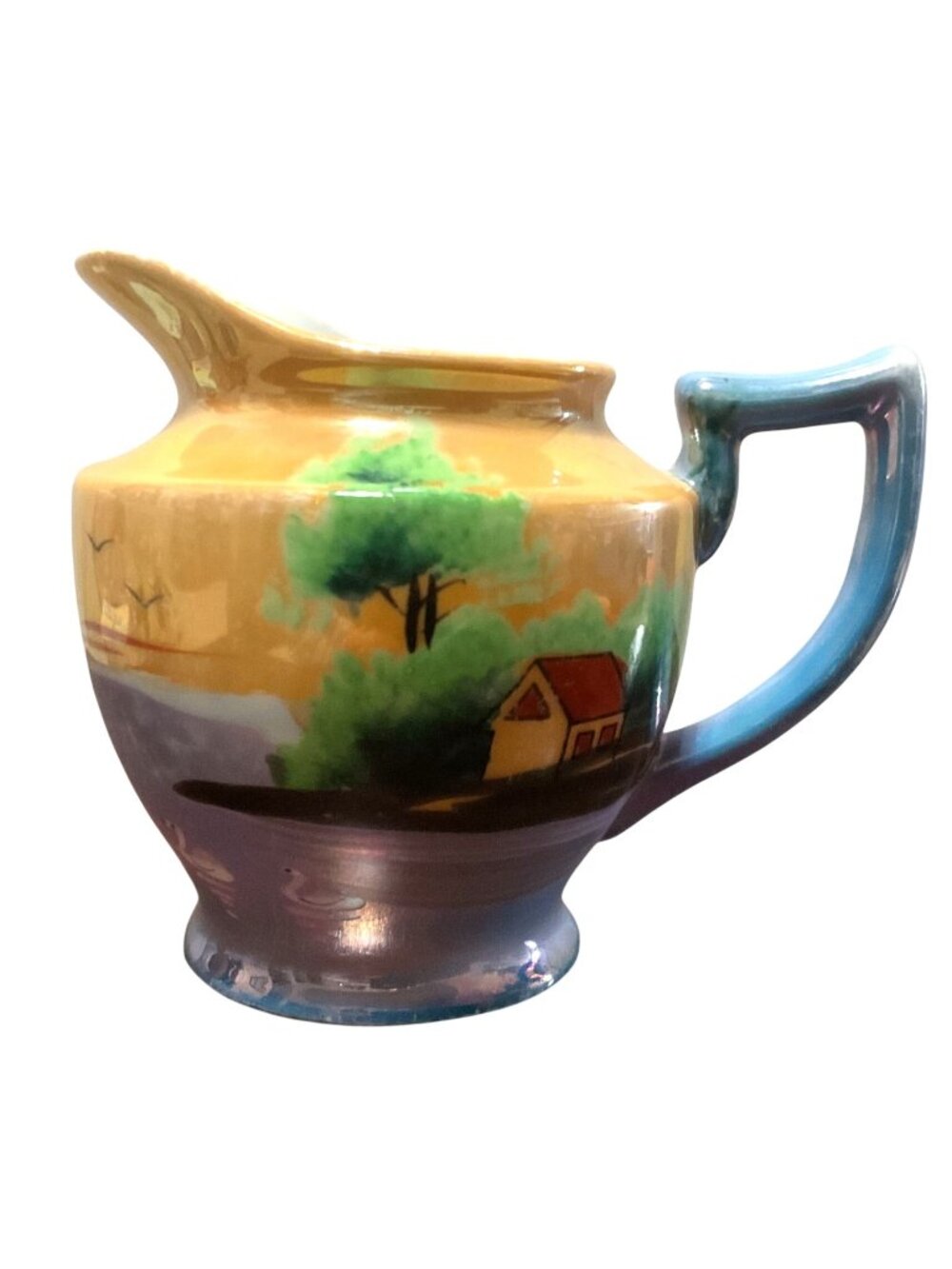 Vtg Japanese Hand Painted Lusterware Creamer with Cottage Scene 4"H x 4.5"W